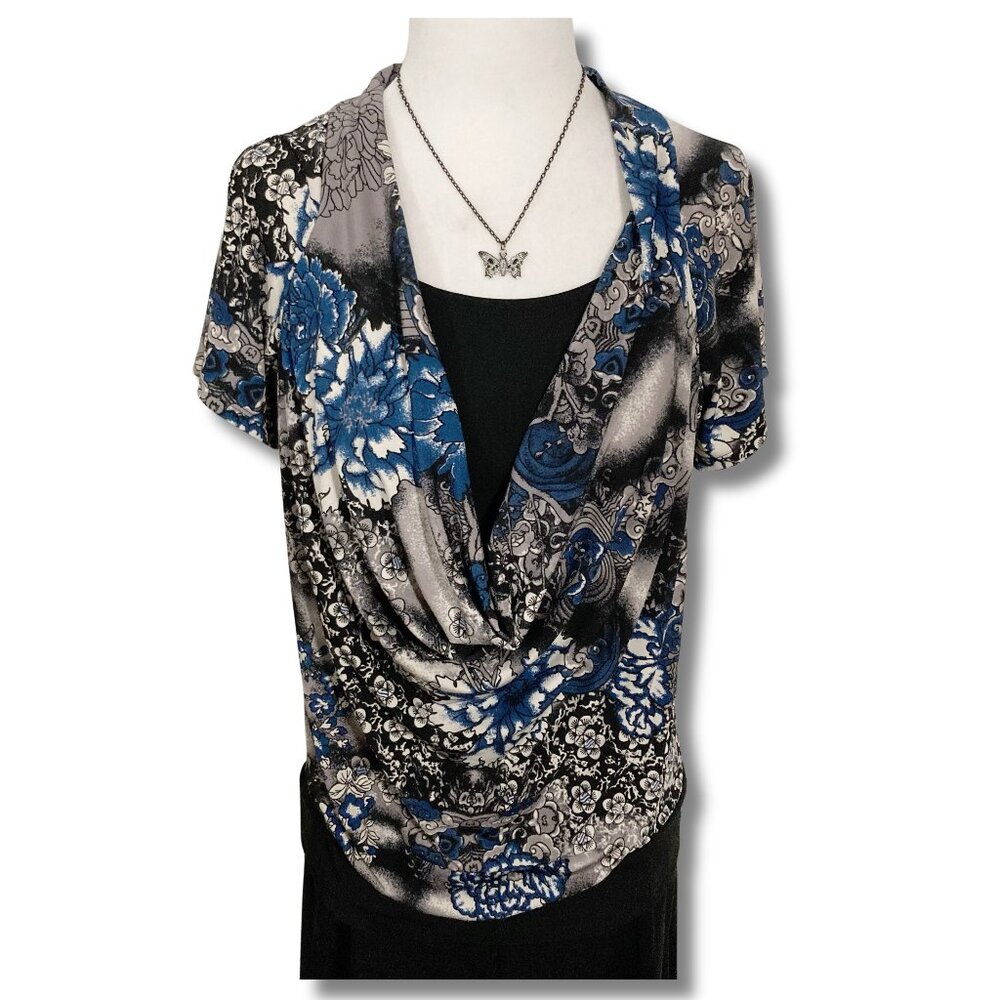 REITMANS Asian floral cloud print short sleeve cowl neck top SMALL MEDIUM shirt